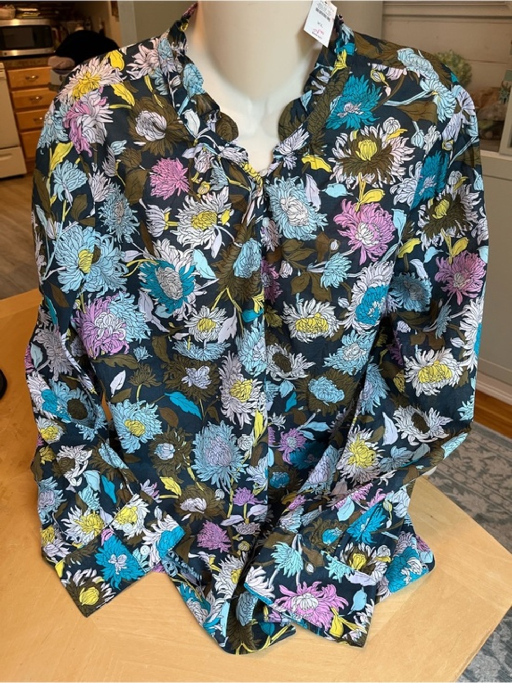 Talbots Brown Floral V-Neck Long Sleeve Blouse with Blue, Pink & Yellow Blooms